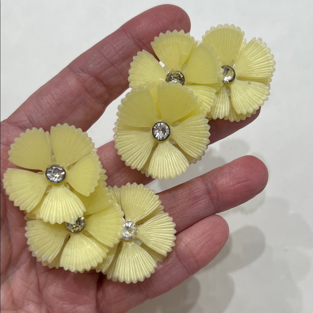 Vintage Celluloid Pair Of Cluster Clip On Earrings With Rhinestones Deadstock